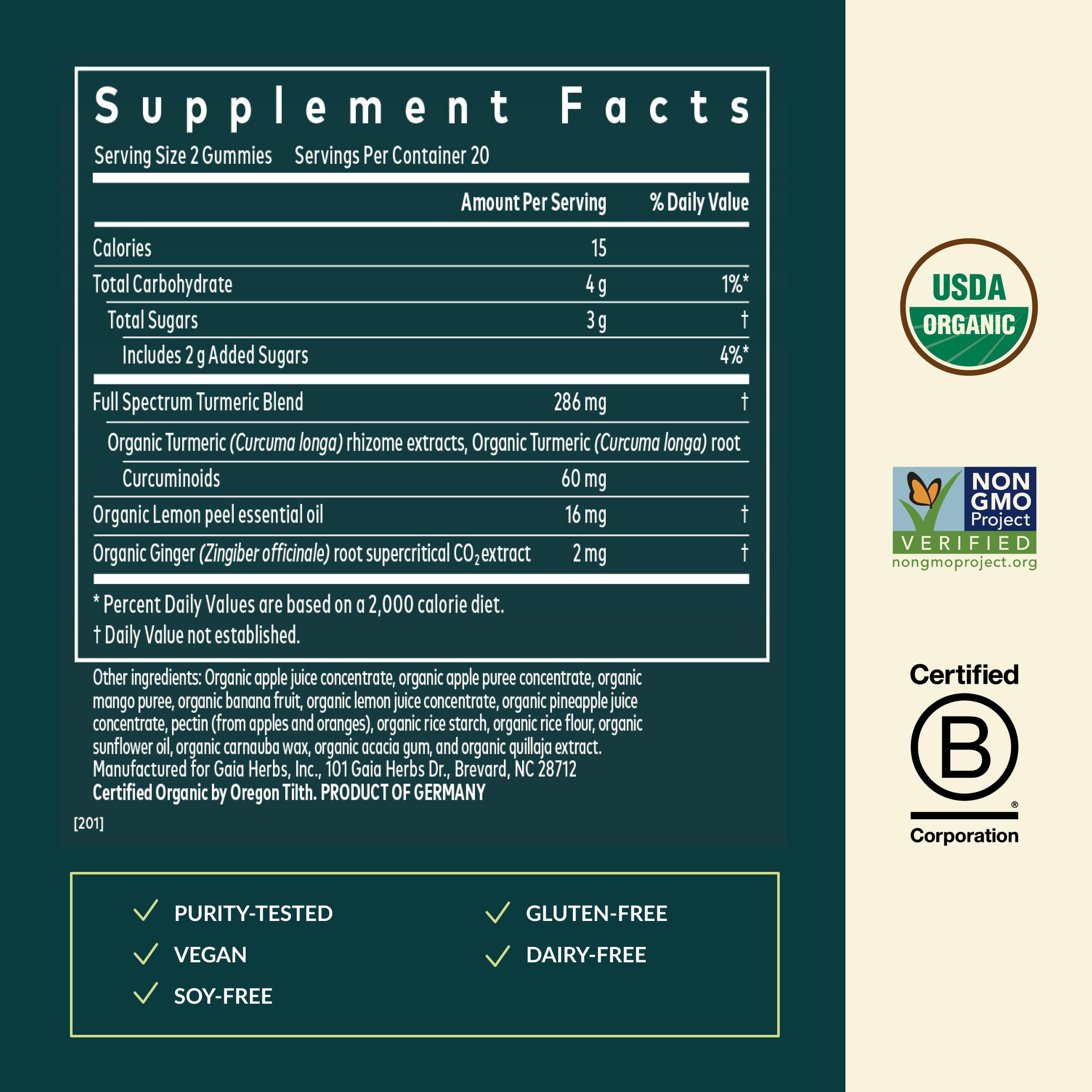 Gaia Herbs Turmeric Supreme Adult Daily - Daily Support for Healthy, Active Lifestyle* - USDA Certified Organic Blend of Turmeric & Supportive Herbs - 40 Vegan Gummies (20 Servings) - Image 3