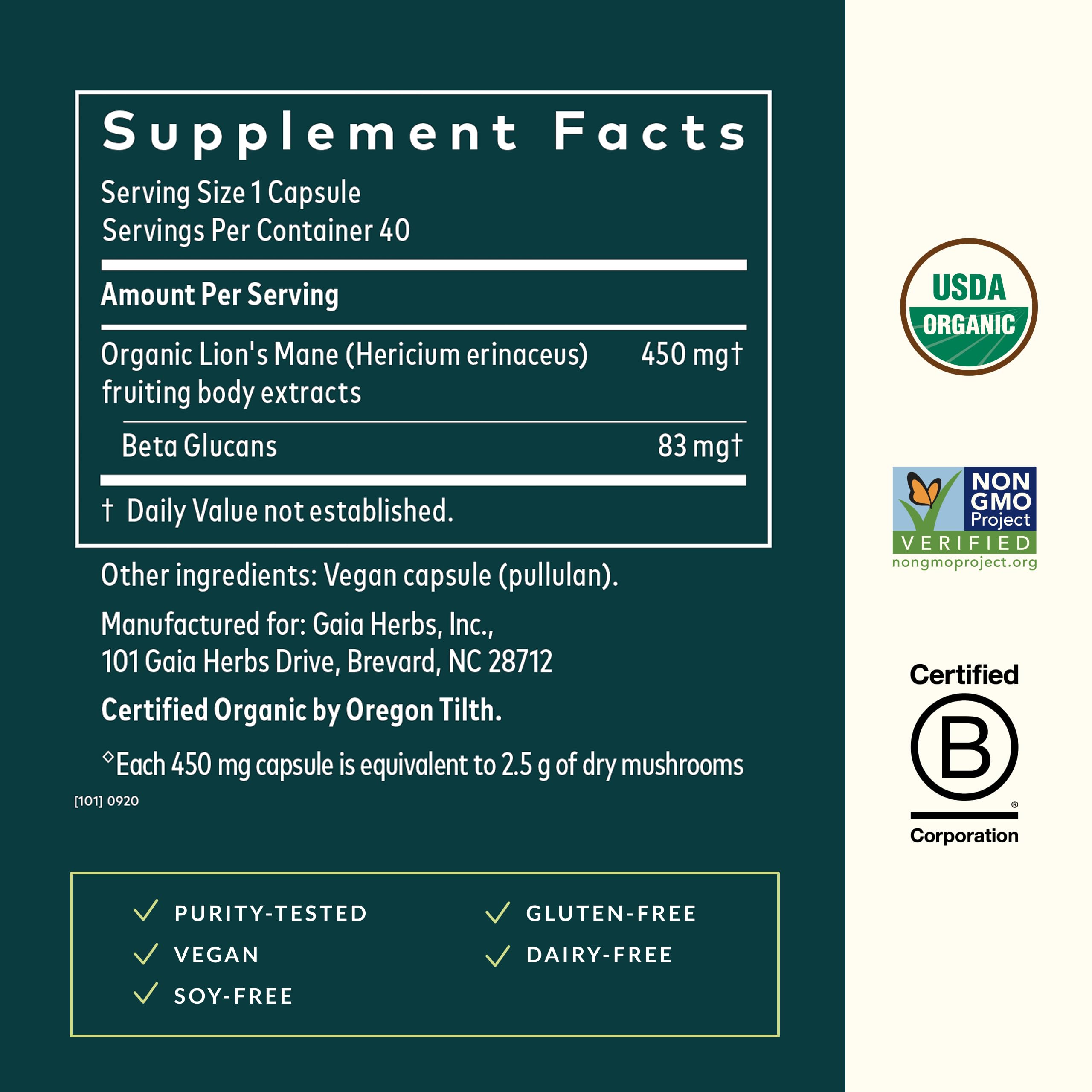 Gaia Herbs Lion's Mane Mushroom - Brain Health Support* - 40 Vegan Capsules (40 Servings) - Image 3