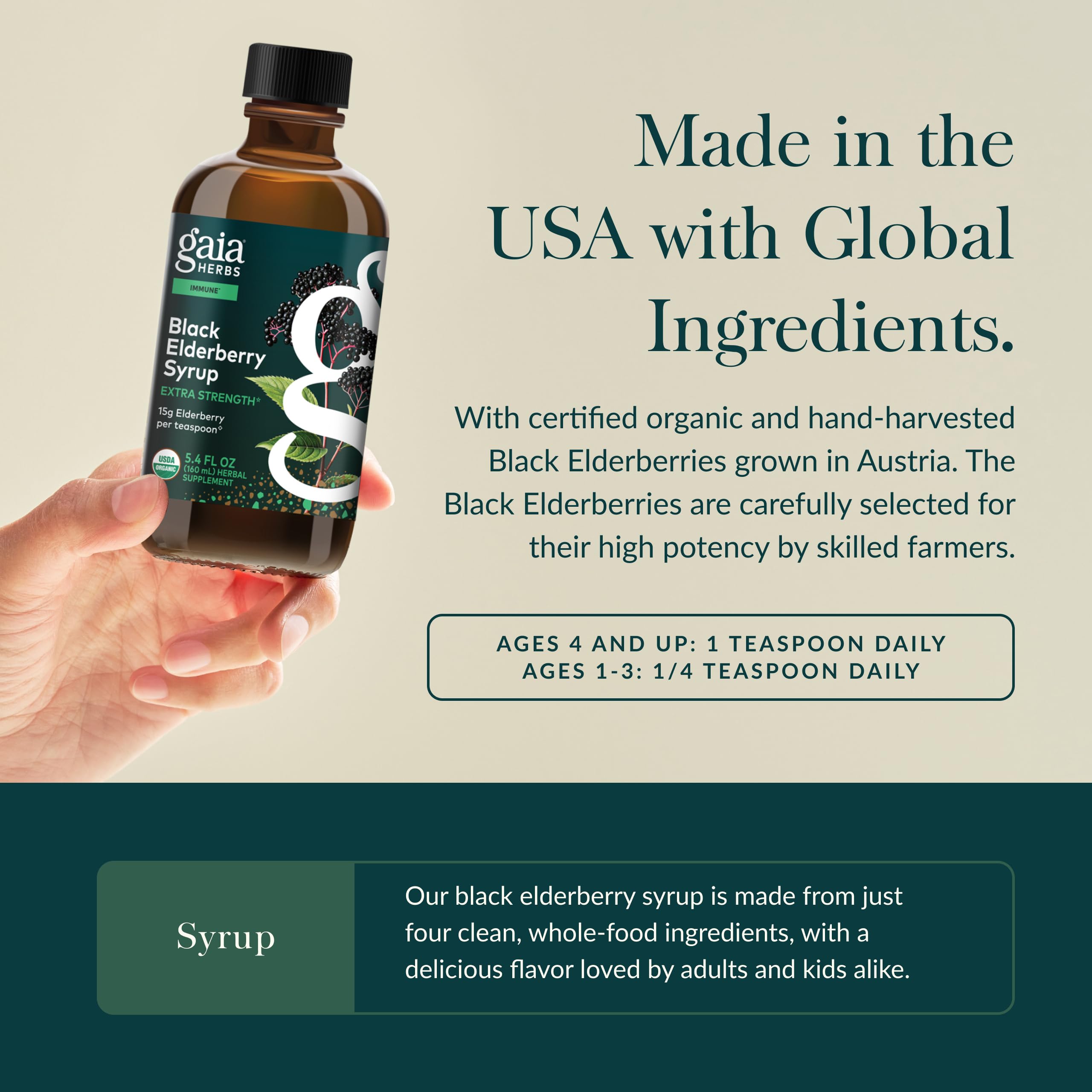 Gaia Herbs Black Elderberry Syrup - Made with Organic Black Elderberries (Sambucus nigra) for Immune System Support* - USDA Certified Organic Formula - 5.4 Fl Oz (About 32 to 128 Servings) - Image 4