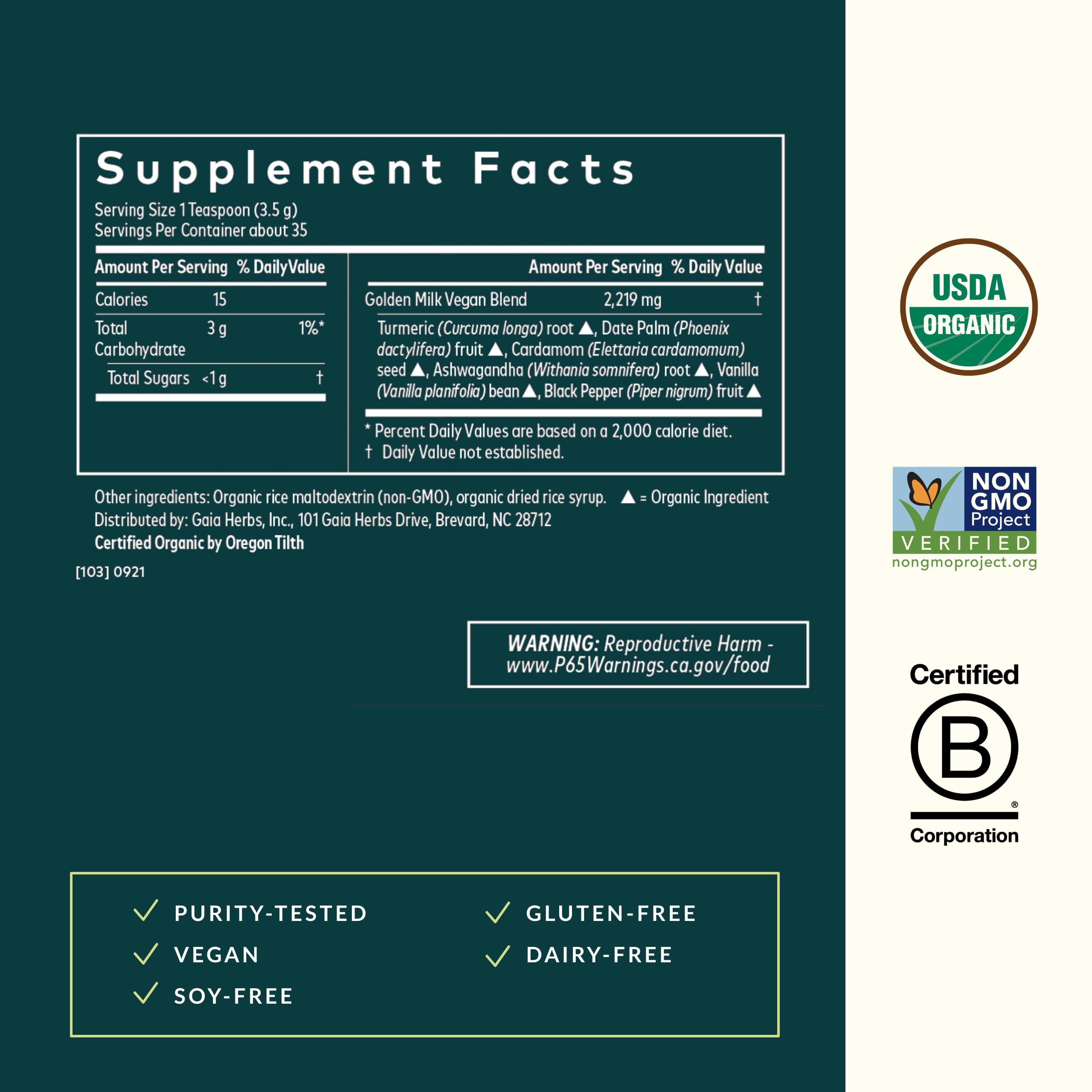 Gaia Herbs Golden Milk - Traditional Relaxation Support Supplement Powder with Organic Turmeric, Black Pepper, Ashwagandha, Cardamom & More for an Ayurvedic Cup of Calm* - 4.3 Oz (About 35 Servings) - Image 3