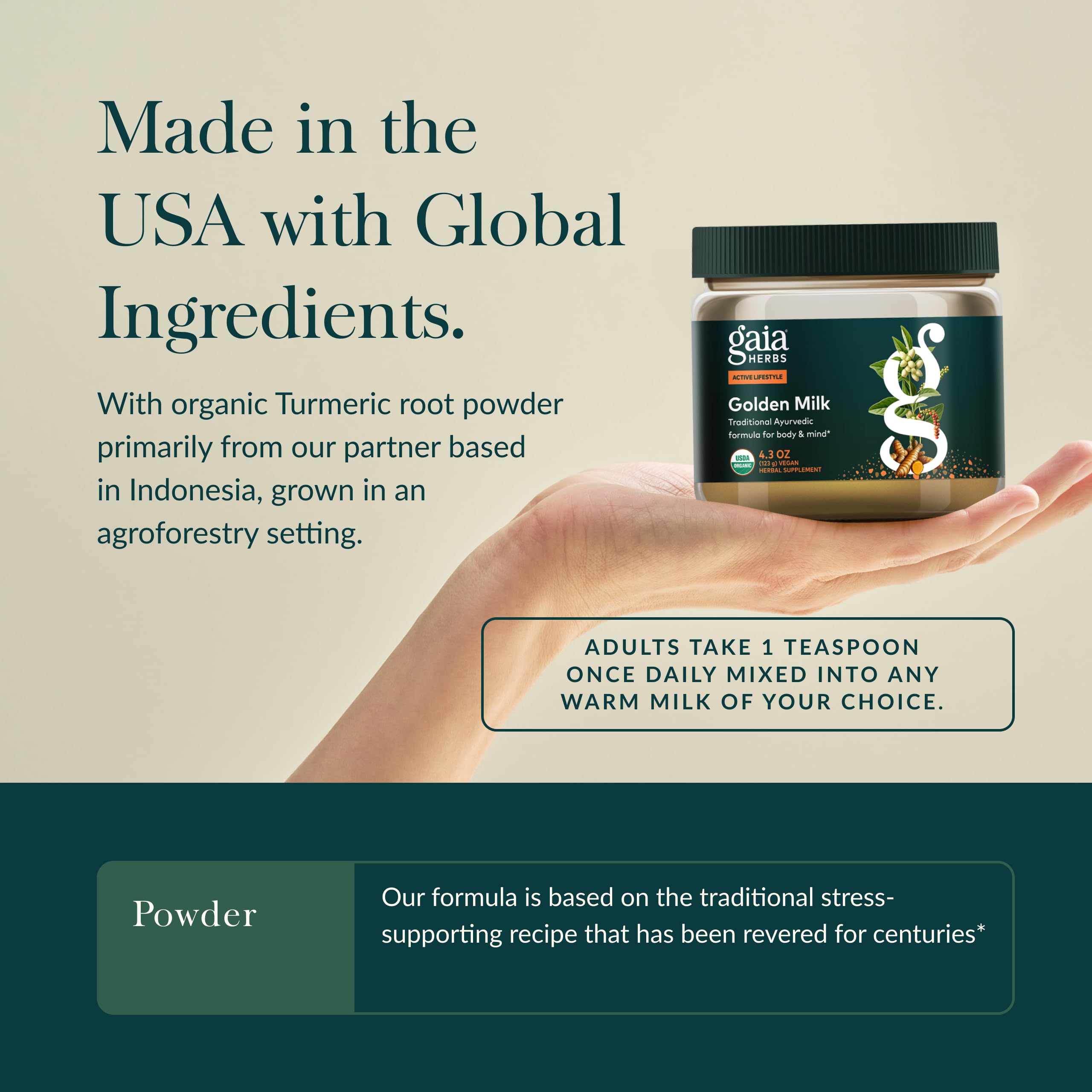 Gaia Herbs Golden Milk - Traditional Relaxation Support Supplement Powder with Organic Turmeric, Black Pepper, Ashwagandha, Cardamom & More for an Ayurvedic Cup of Calm* - 4.3 Oz (About 35 Servings) - Image 4