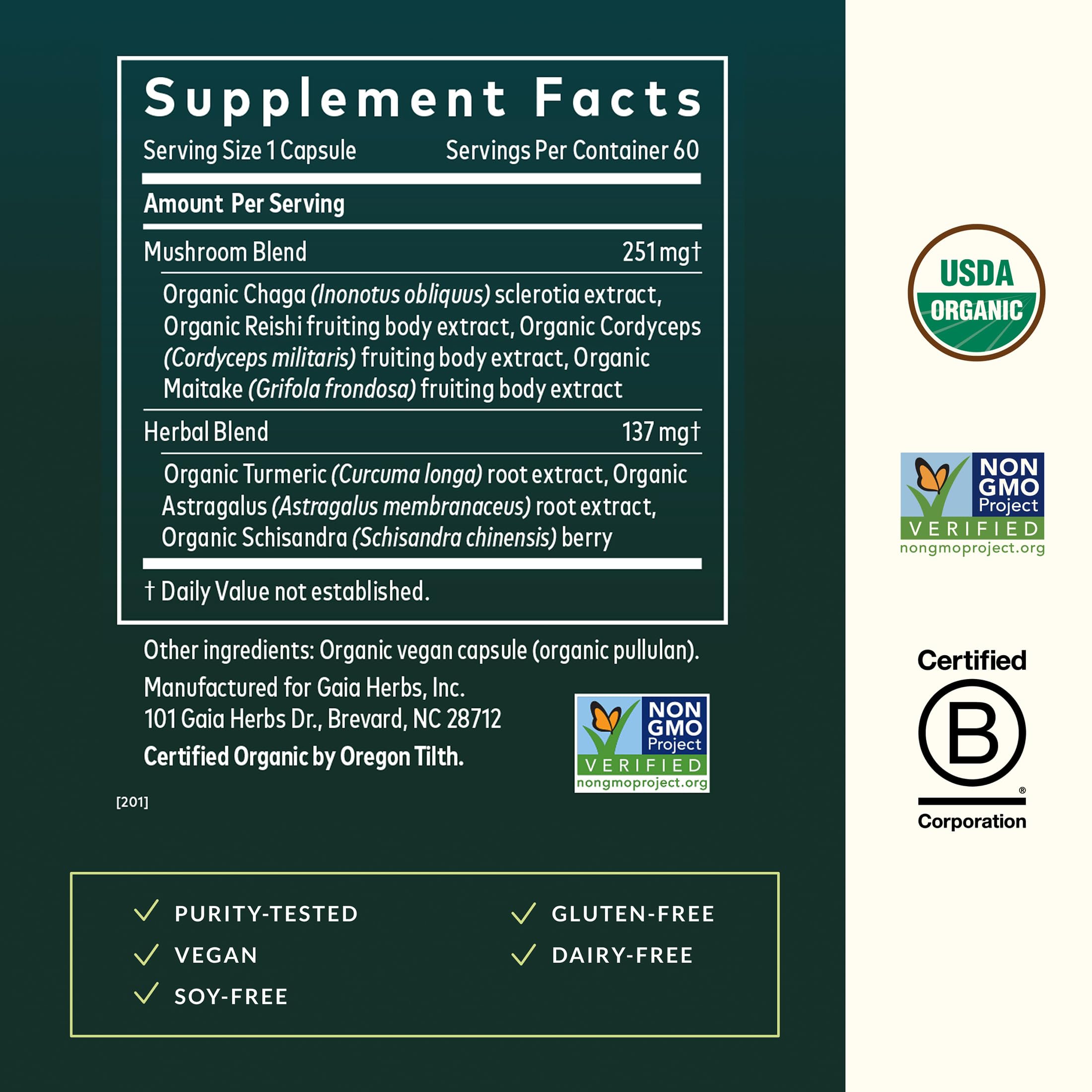 Gaia Herbs Everyday Mushroom & Herbs - Mushroom & Herbal Support Supplement to Help Aid Overall Wellness* - with Turmeric, Astragalus, Schisandra, Cordyceps, Chaga - 60 Vegan Capsules (60 Servings) - Image 3