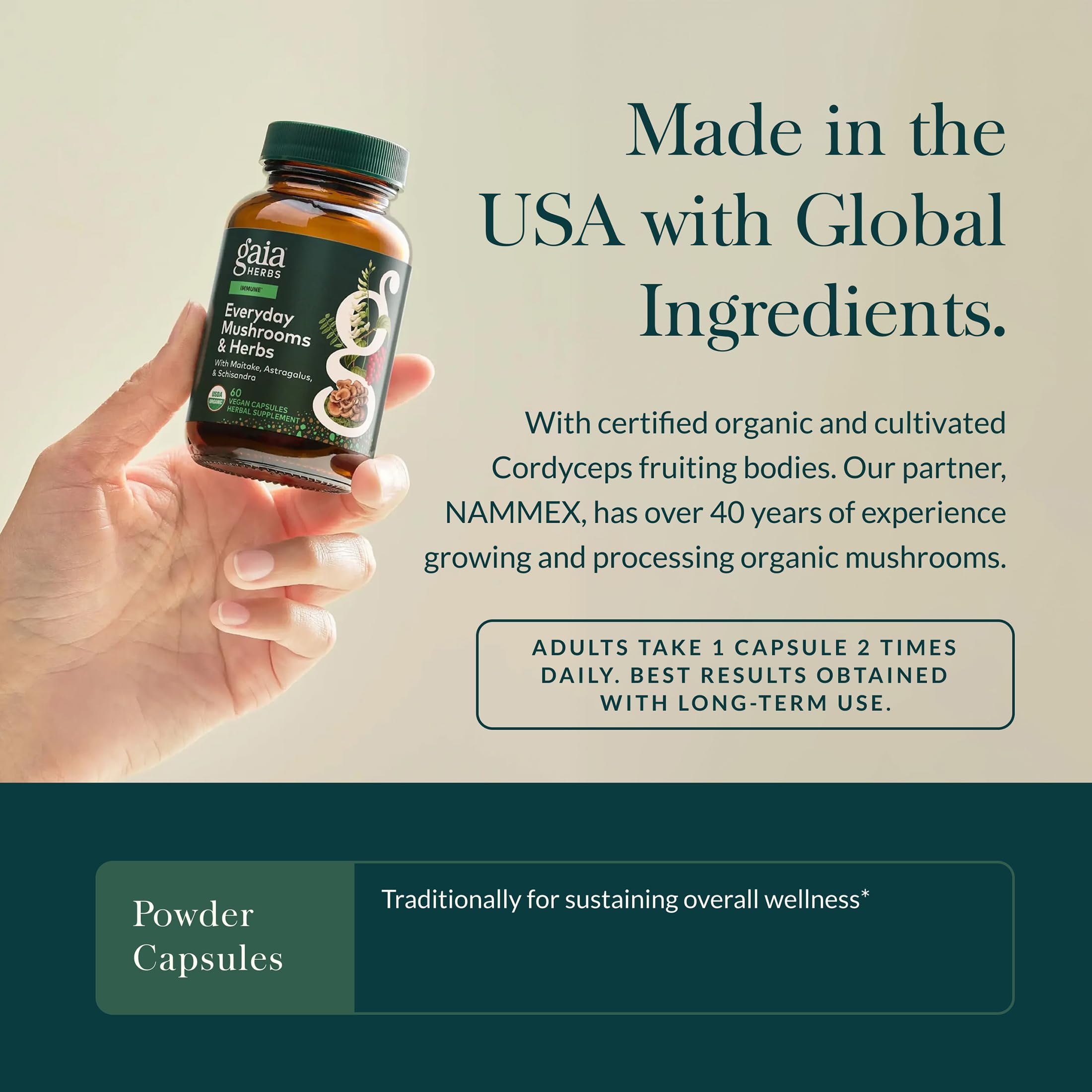 Gaia Herbs Everyday Mushroom & Herbs - Mushroom & Herbal Support Supplement to Help Aid Overall Wellness* - with Turmeric, Astragalus, Schisandra, Cordyceps, Chaga - 60 Vegan Capsules (60 Servings) - Image 4