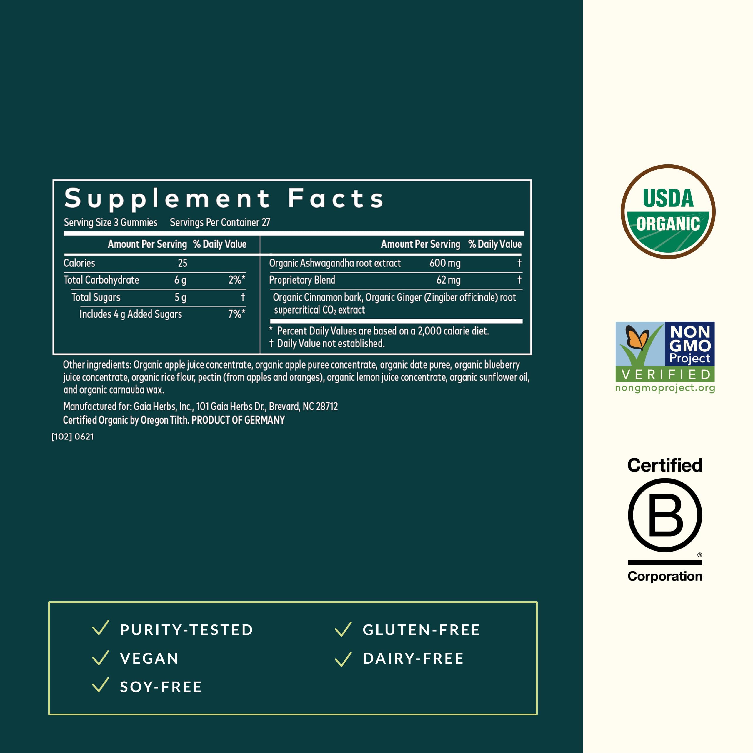 Gaia Herbs Organic Ashwagandha Gummies - Stress Support* - Made with Cinnamon & Ginger - Gluten Free & Vegan - 81 Count (27 Servings) - Image 3