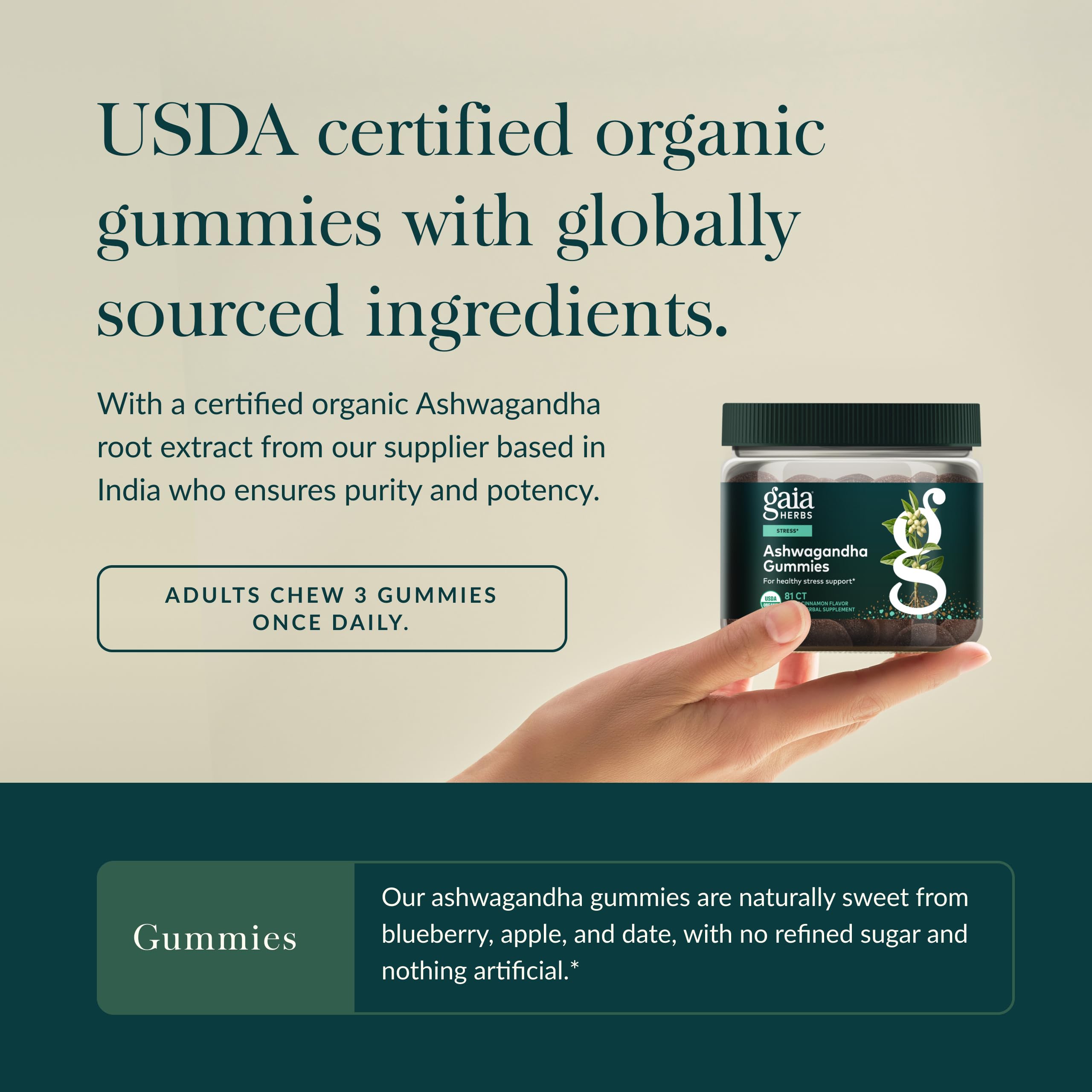 Gaia Herbs Organic Ashwagandha Gummies - Stress Support* - Made with Cinnamon & Ginger - Gluten Free & Vegan - 81 Count (27 Servings) - Image 4