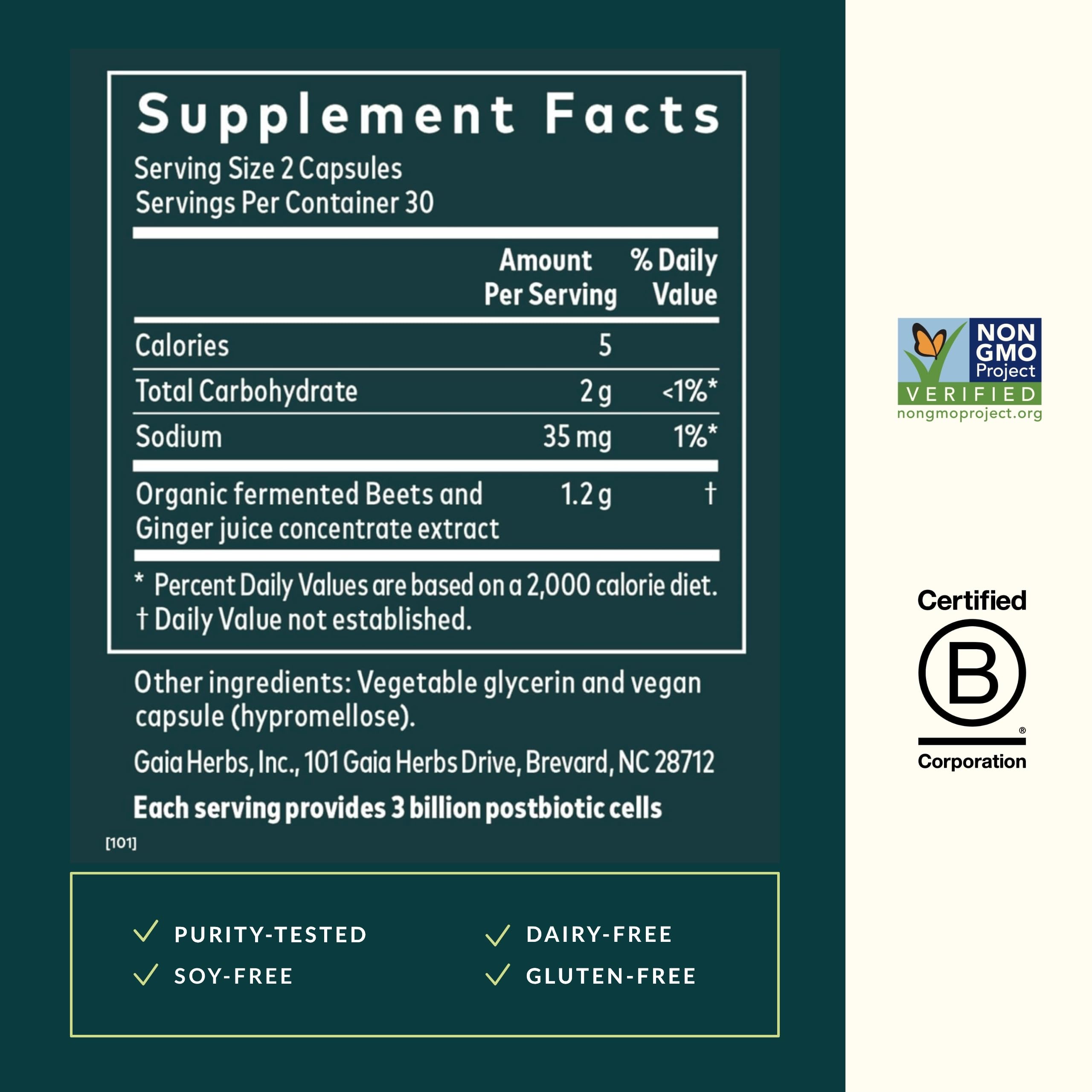 Gaia Herbs Ginger-Beet Postbiotic - Supplement for Gut & Heart Health Support* - Made with Fermented Beets & Ginger - Free from Dairy, Soy & Gluten - 60 Vegan Liquid Phyto-Caps (30 Servings) - Image 3