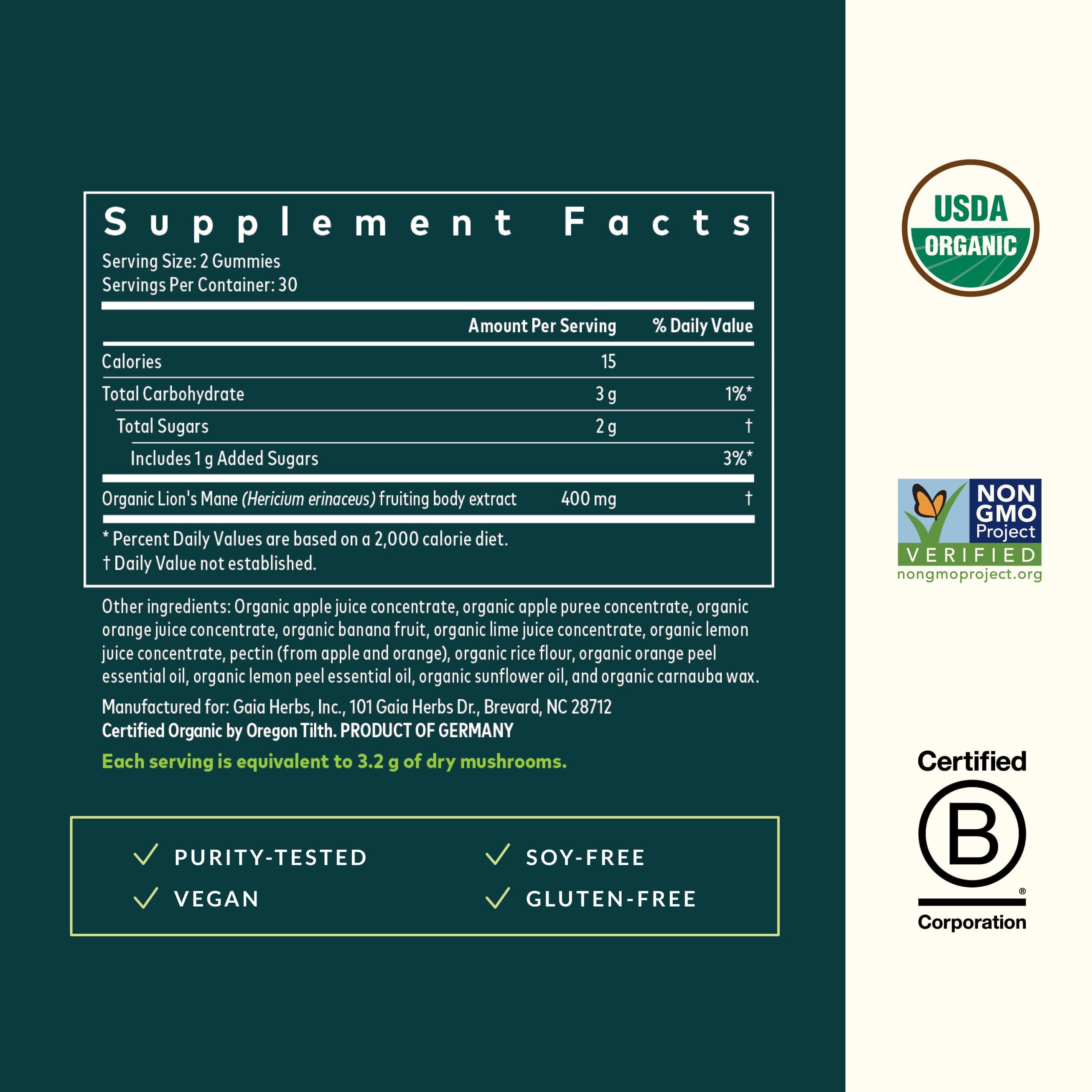 Gaia Herbs Lion's Mane Mushroom Gummies - Brain Support Supplement* - Made with Organic Lion's Mane Mushrooms - Free from Gluten, Soy & Dairy - 60 Vegan Gummies (30 Servings) - Image 3