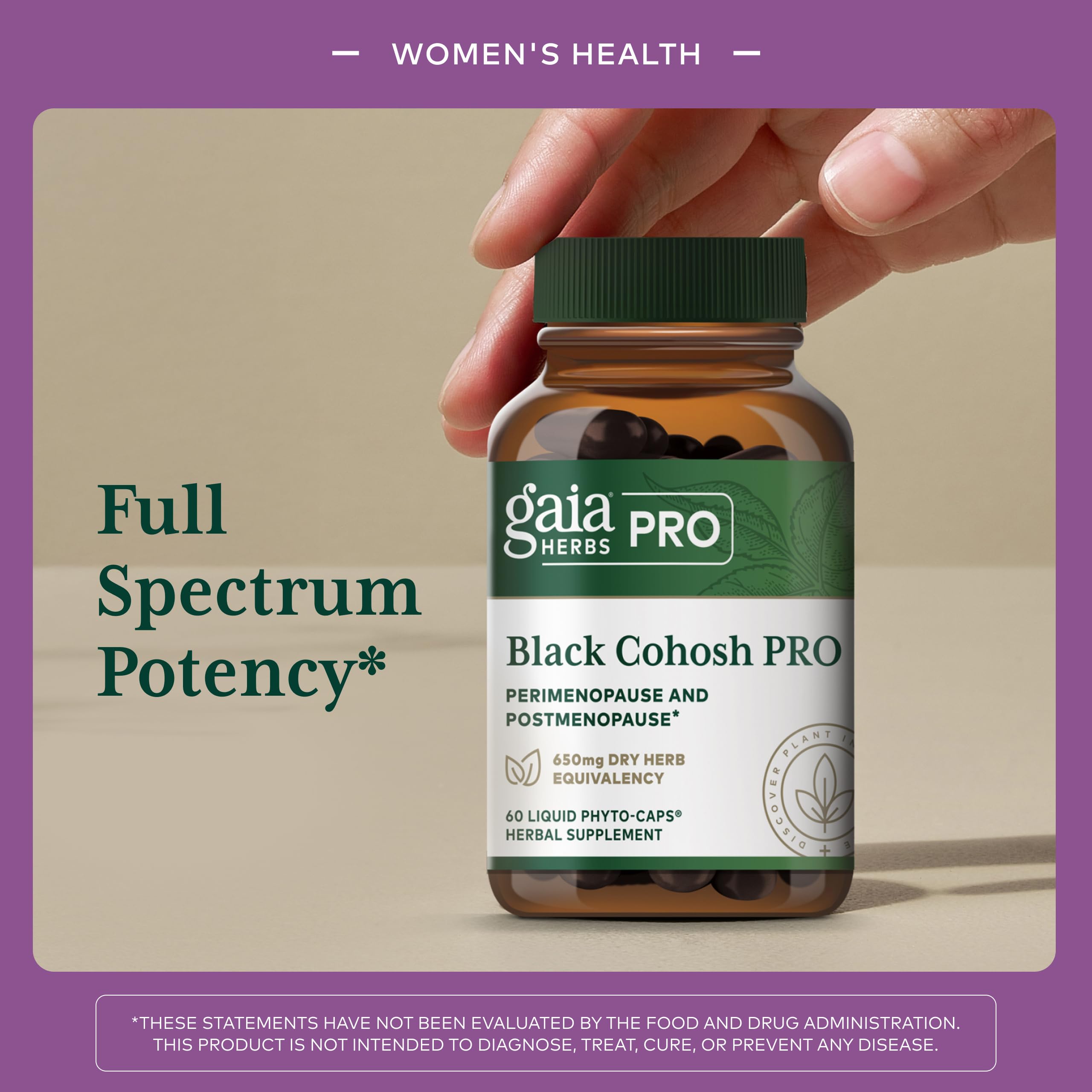 GAIA HERBS PRO Black Cohosh PRO - Healthy Perimenopause & Post Menopause Support Supplement* - Women's Health Supplement with Black Cohosh Root Extract - Vegan - 60 Liquid Phyto-Caps (60 Servings) - Image 3