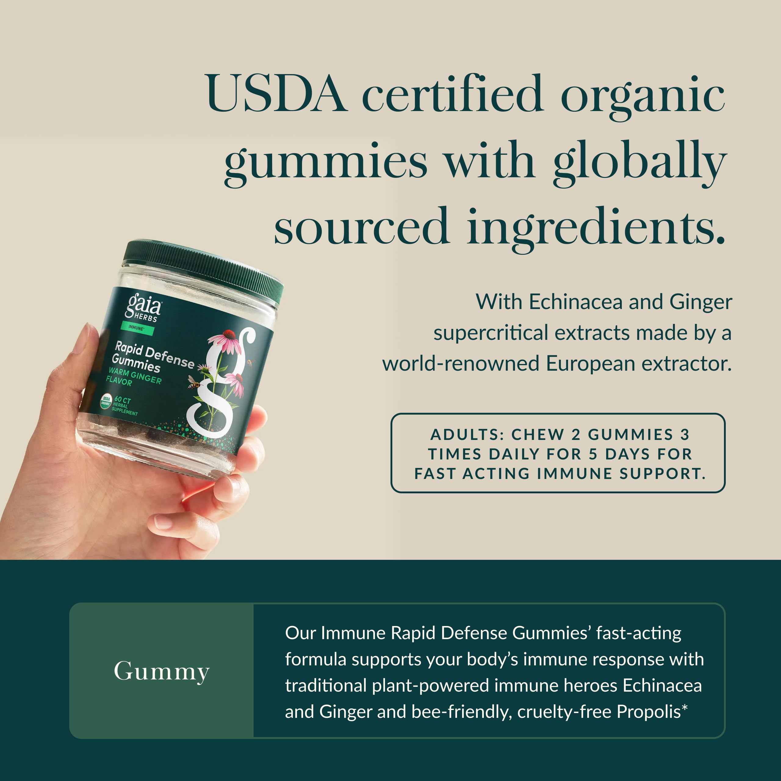 Gaia Herbs Rapid Defense Gummies - Supports Immune Health* - with Propolis, Ginger & Echinacea - USDA Organic - 60 Vegetarian Gummies (30 Servings) - Image 4