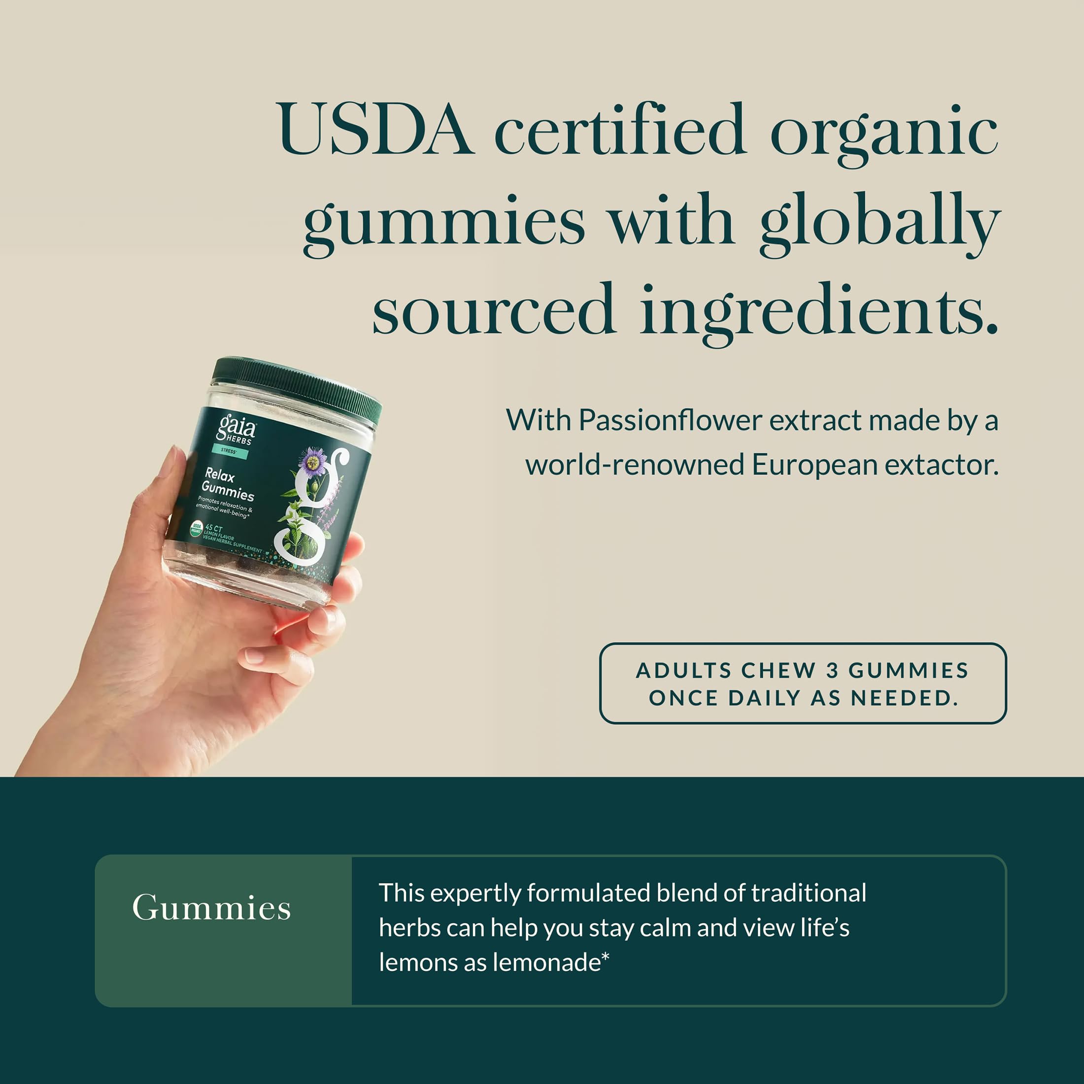 Gaia Herbs Relax Gummies - Supports Calm Feelings* - with Passionflower & Lemon Balm - 45 Vegan Gummies (15 Servings) - Image 4