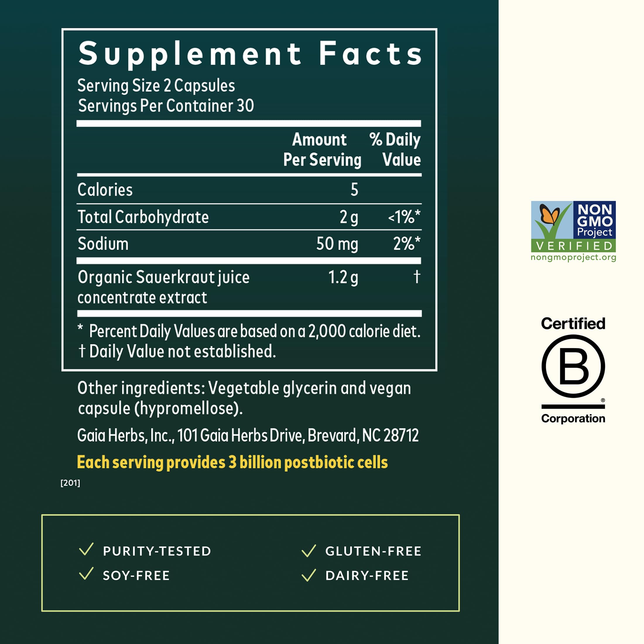 Gaia Herbs Sauerkraut Postbiotic - Gut Health & Immune Support Supplement* - Made with Fermented Sauerkraut - Free from Dairy, Soy & Gluten - 60 Vegan Liquid Phyto-Caps (30 Servings) - Image 3