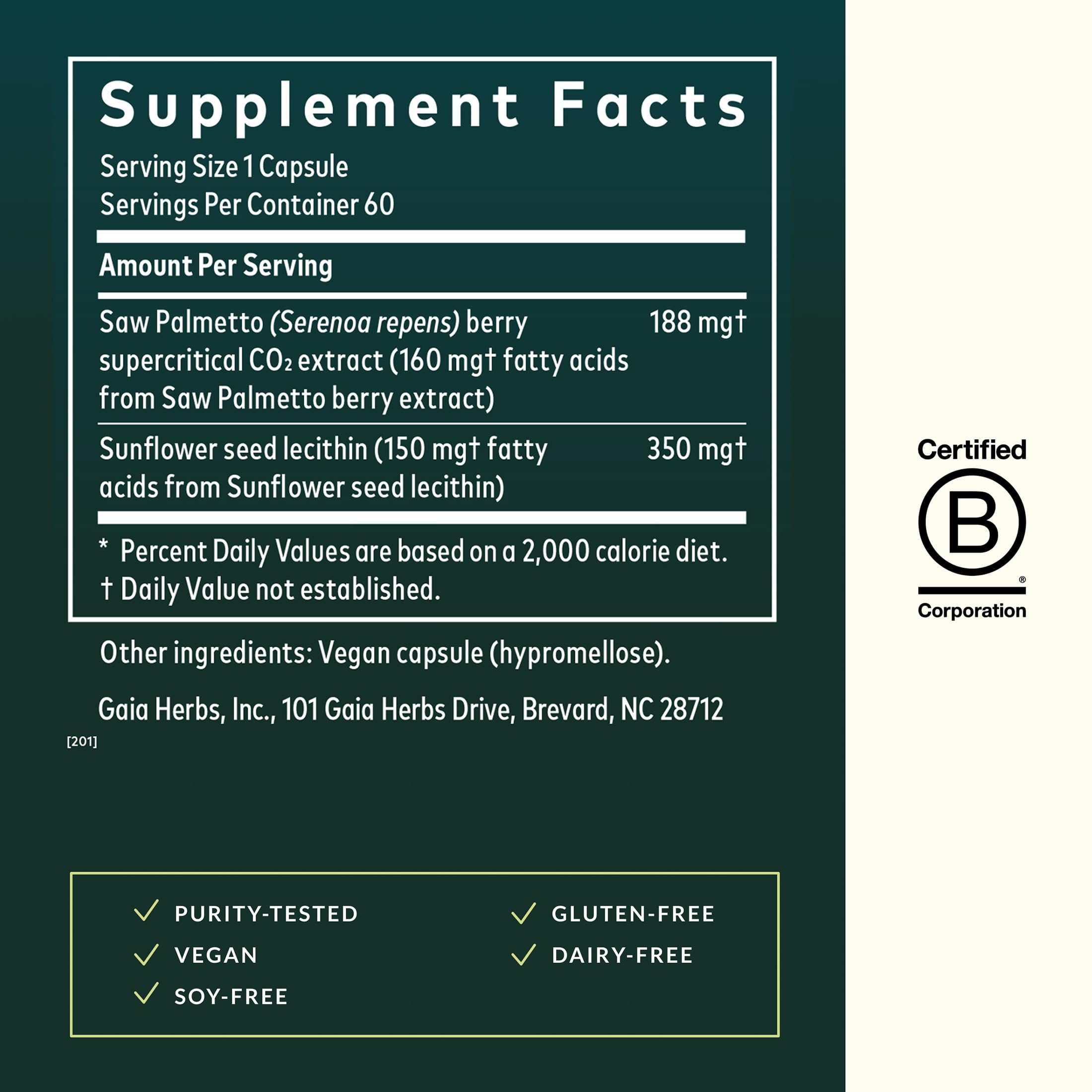 Gaia Herbs Saw Palmetto - Supports Healthy Prostate Function & Urinary Health - Saw Palmetto & Sunflower Seed Lecithin to Support Men's Health* - 60 Vegan Liquid Phyto-Caps (60 Servings) - Image 3