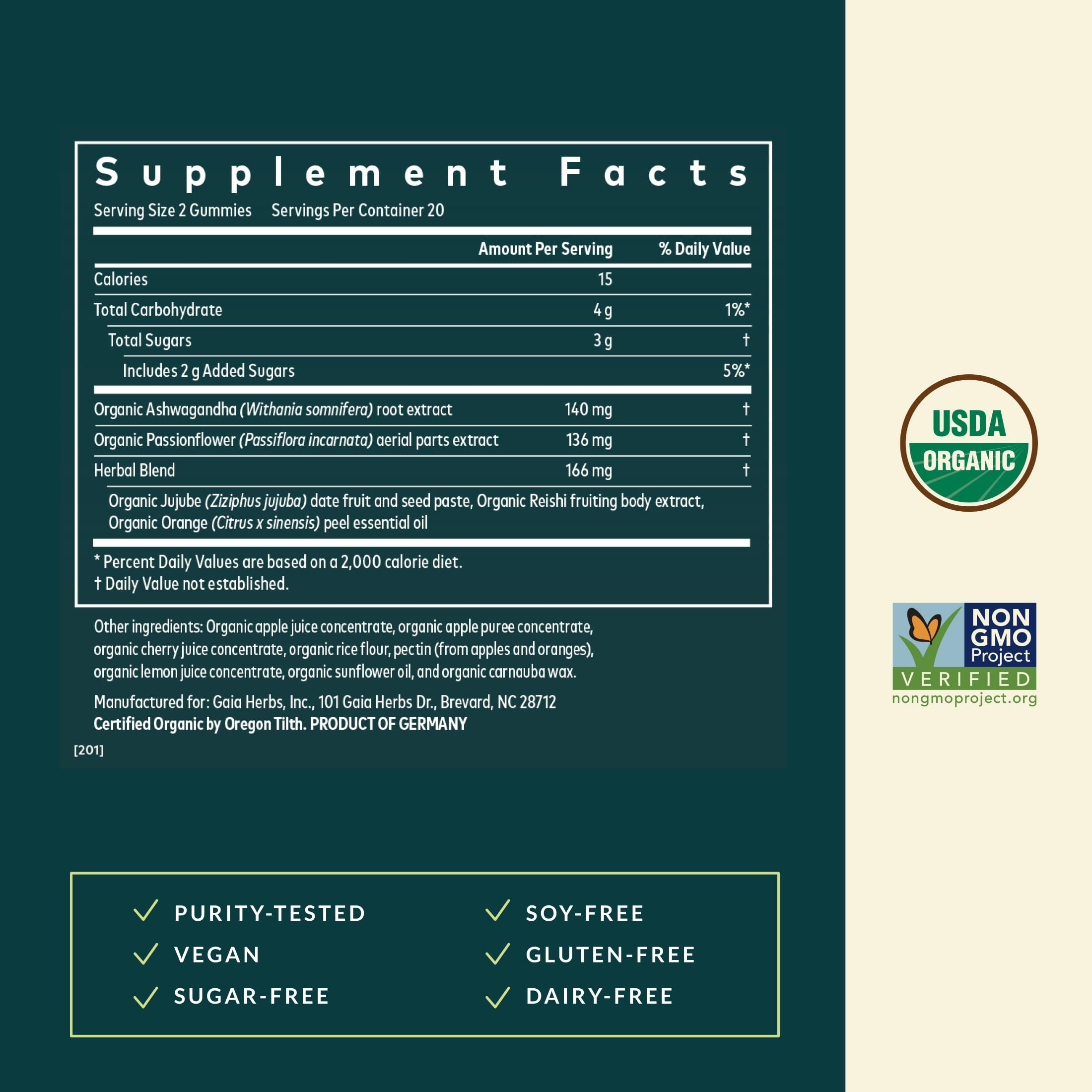 Gaia Herbs Sleep Gummies - Sleep Support*- Ashwagandha, Reishi Mushroom & Passionflower - USDA Certified Organic, Non-GMO Project Verified, Gluten Free - Cherry Orange - 40 Vegan Gummies (20 Servings) - Image 3