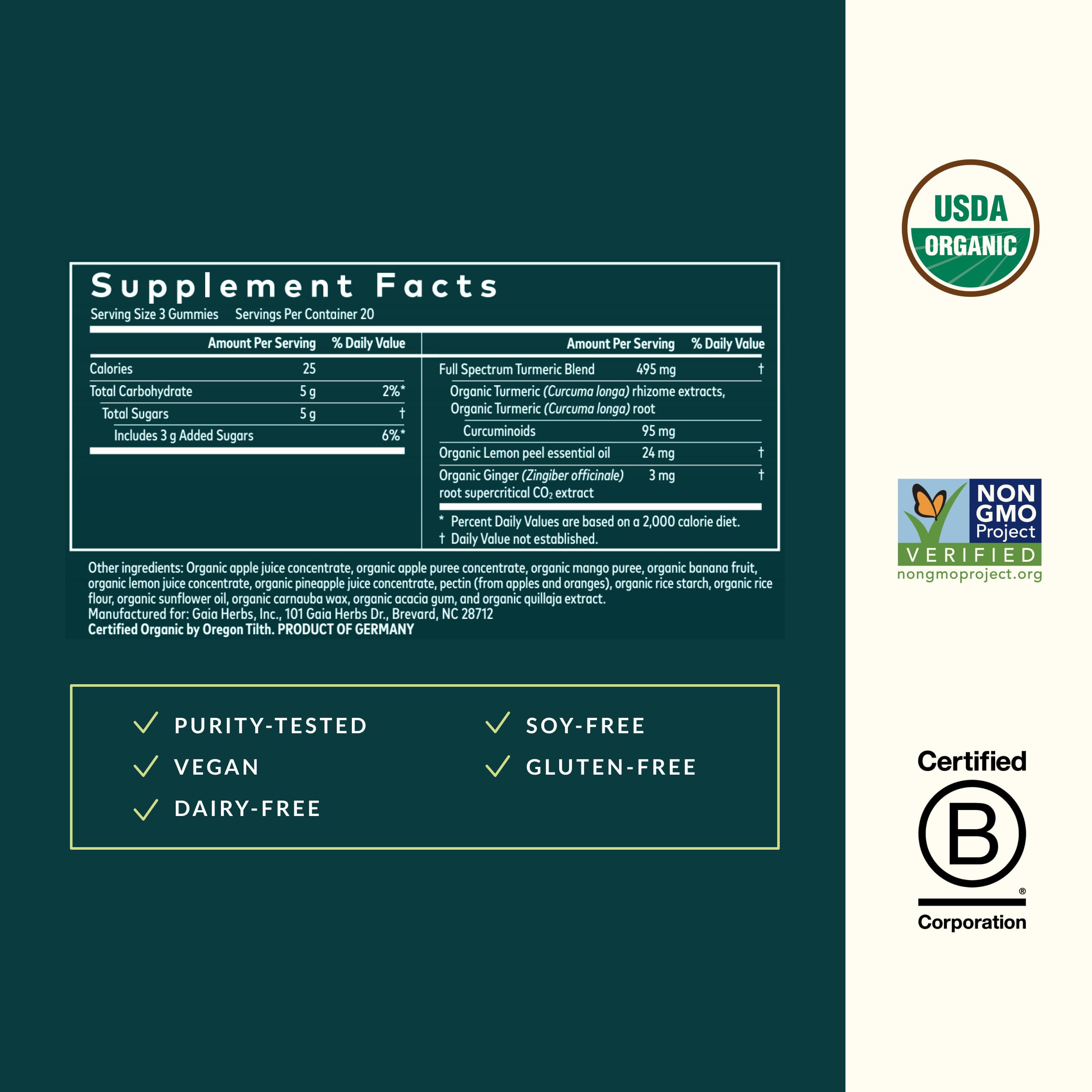 Gaia Herbs Turmeric Supreme Gummies Extra Strength - Supports Healthy Inflammatory Response in Healthy Individuals* - Lemon Ginger Flavor - 60 Vegan Organic Gummies (20 Servings) - Image 3